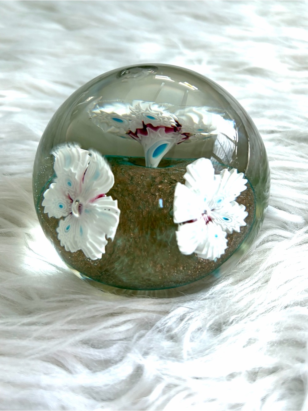 Vintage Glass Paperweight with White Floral Inserts and Blue Accents